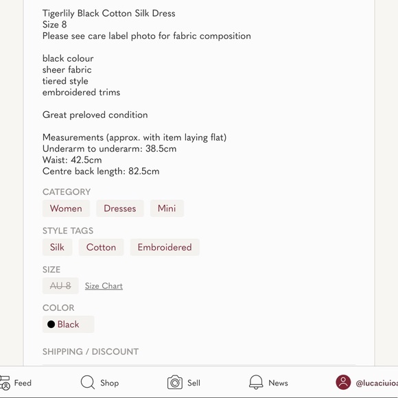 Tigerlily Black Cotton Silk Dress Size 8 - Picture 6 of 6